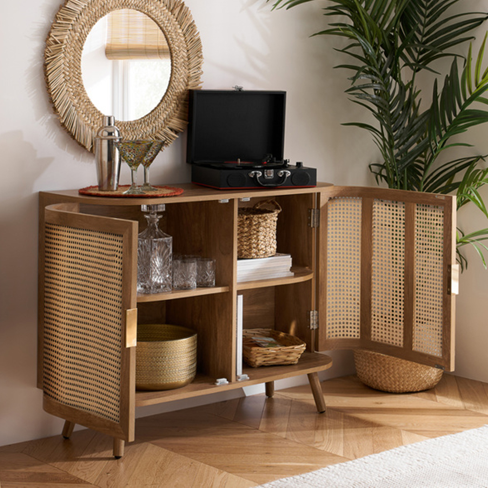 Niven Wooden Storage Cabinet with 2 Rattan Doors in Oak