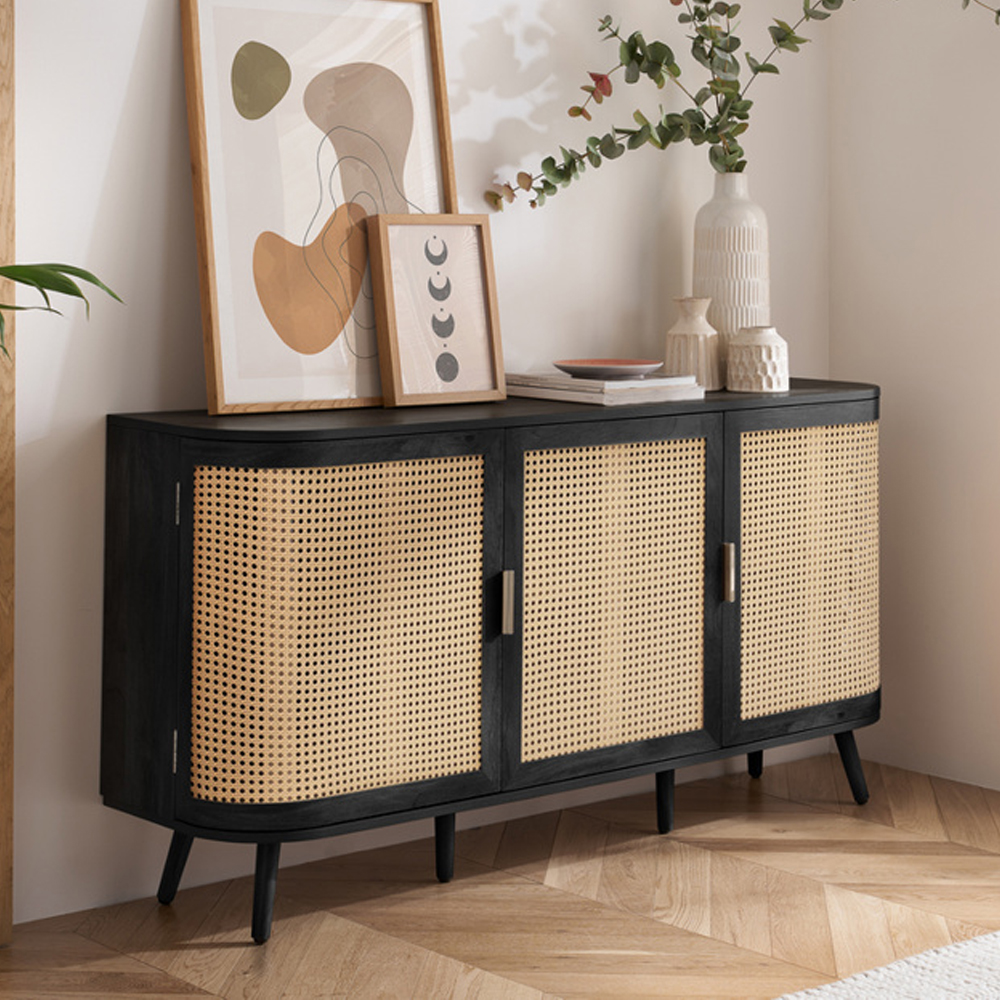 Niven Wooden Storage Cabinet with 3 Rattan Doors in Black