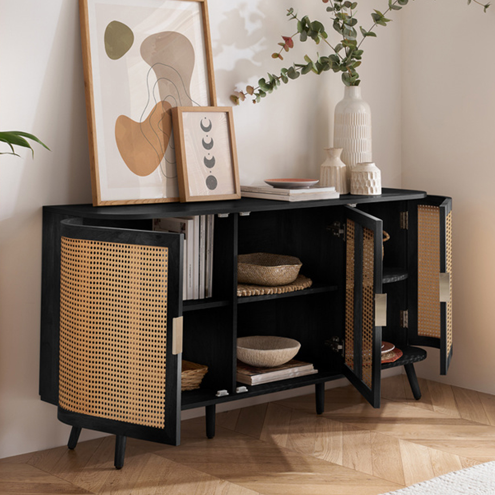 Niven Wooden Storage Cabinet with 3 Rattan Doors in Black