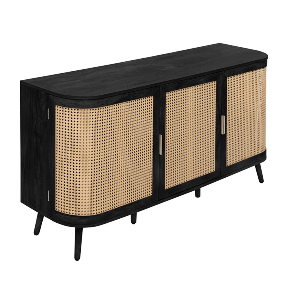 Niven Wooden Storage Cabinet with 3 Rattan Doors in Black