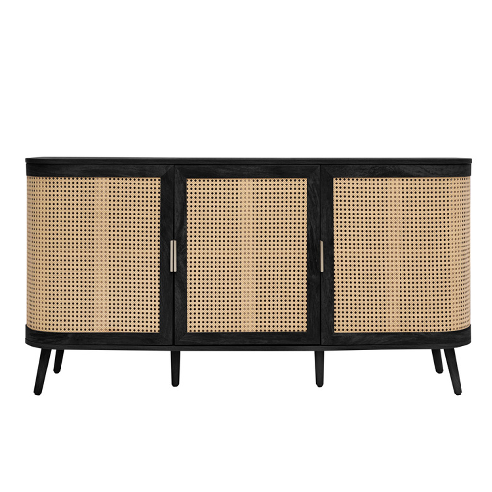Niven Wooden Storage Cabinet with 3 Rattan Doors in Black