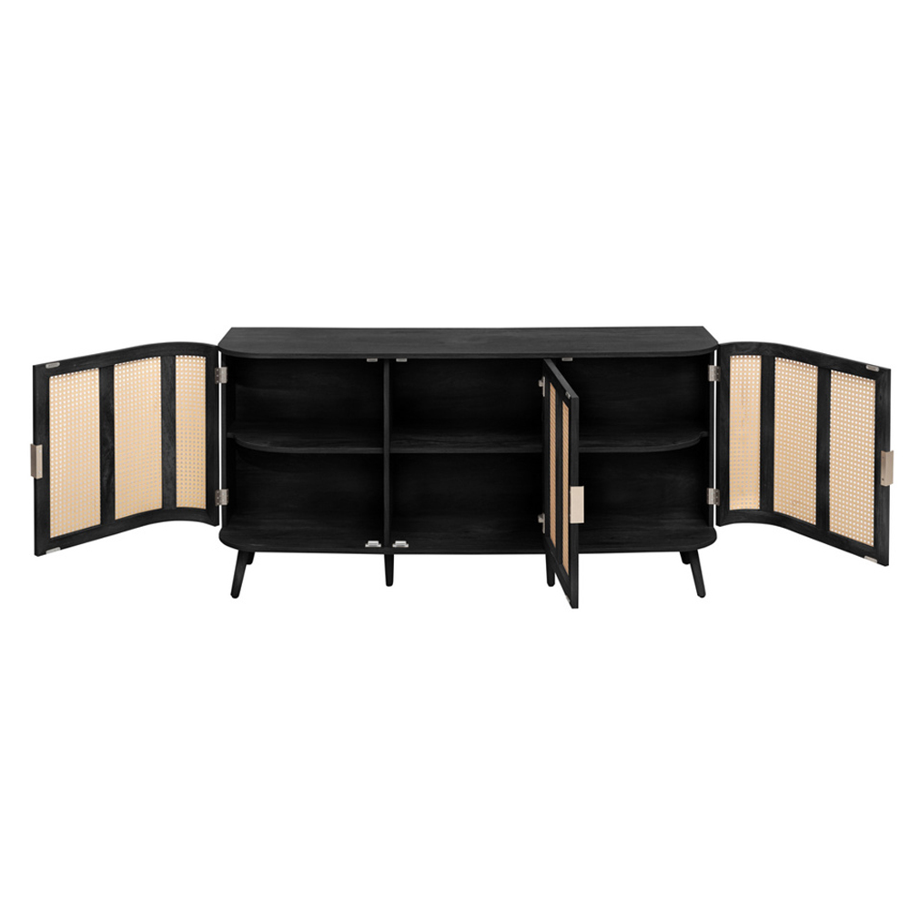 Niven Wooden Storage Cabinet with 3 Rattan Doors in Black