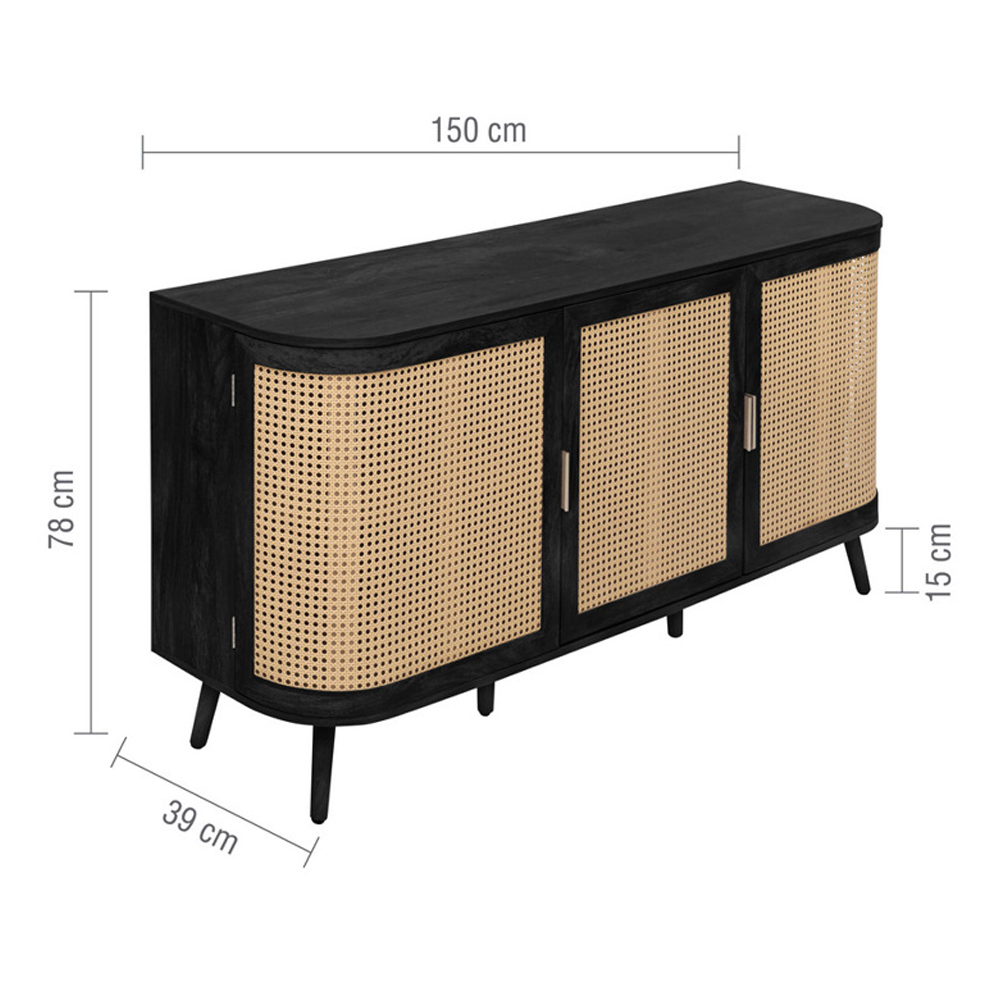 Niven Wooden Storage Cabinet with 3 Rattan Doors in Black