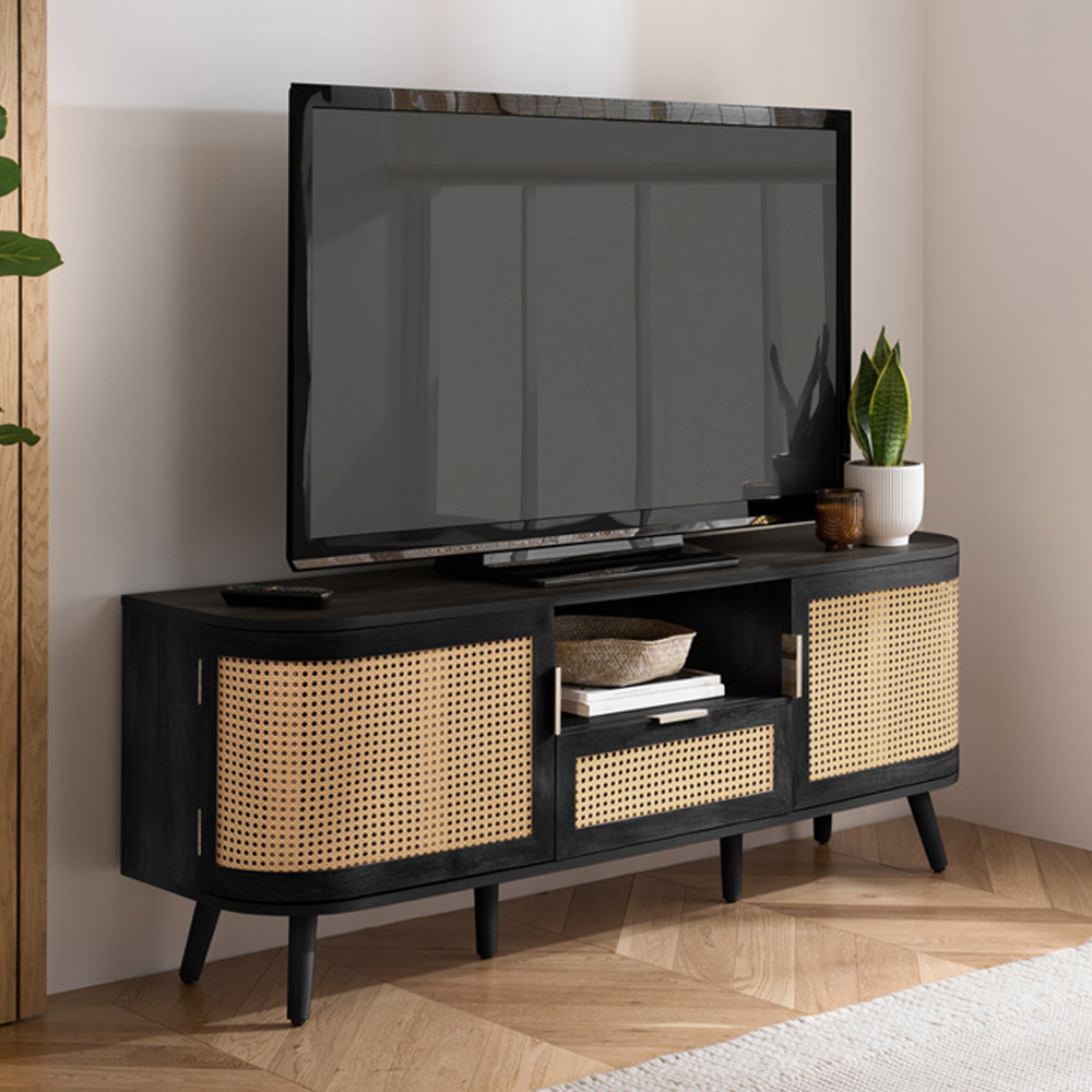 Niven Wooden TV Stand with 2 Rattan Doors 1 Drawer in Black