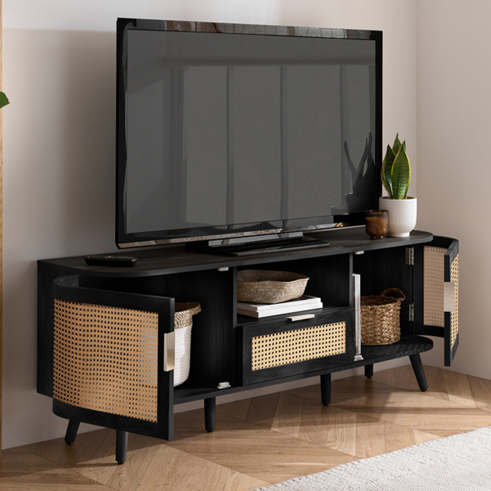 Niven Wooden TV Stand with 2 Rattan Doors 1 Drawer in Black