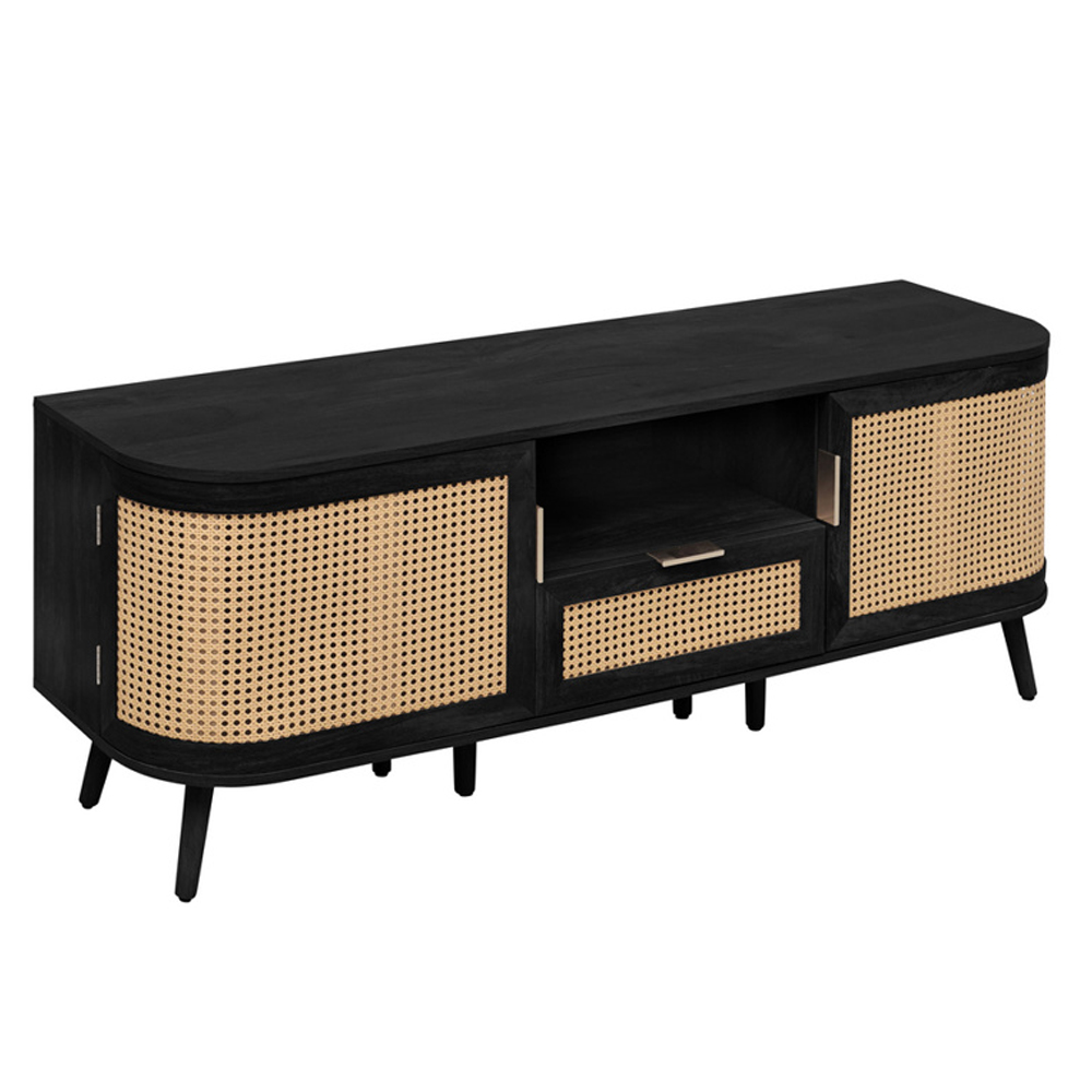 Niven Wooden TV Stand with 2 Rattan Doors 1 Drawer in Black