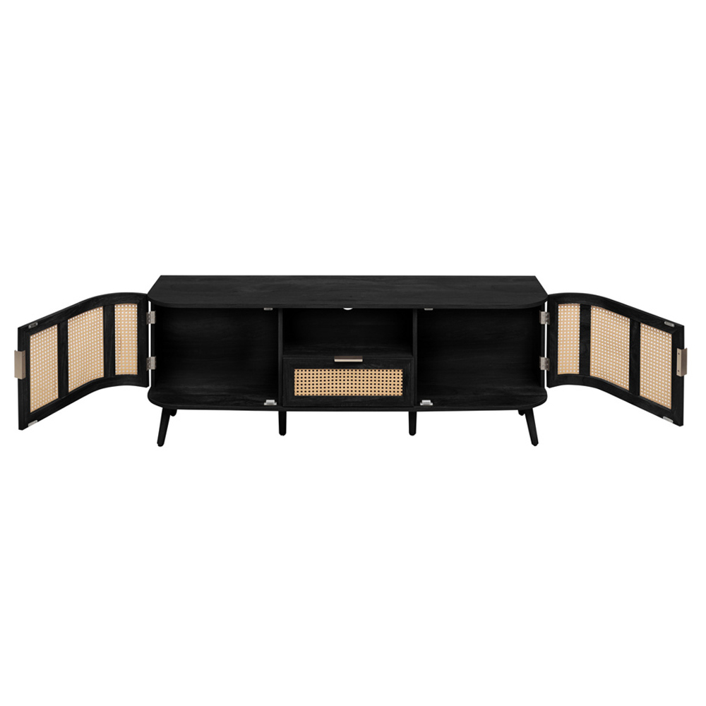 Niven Wooden TV Stand with 2 Rattan Doors 1 Drawer in Black
