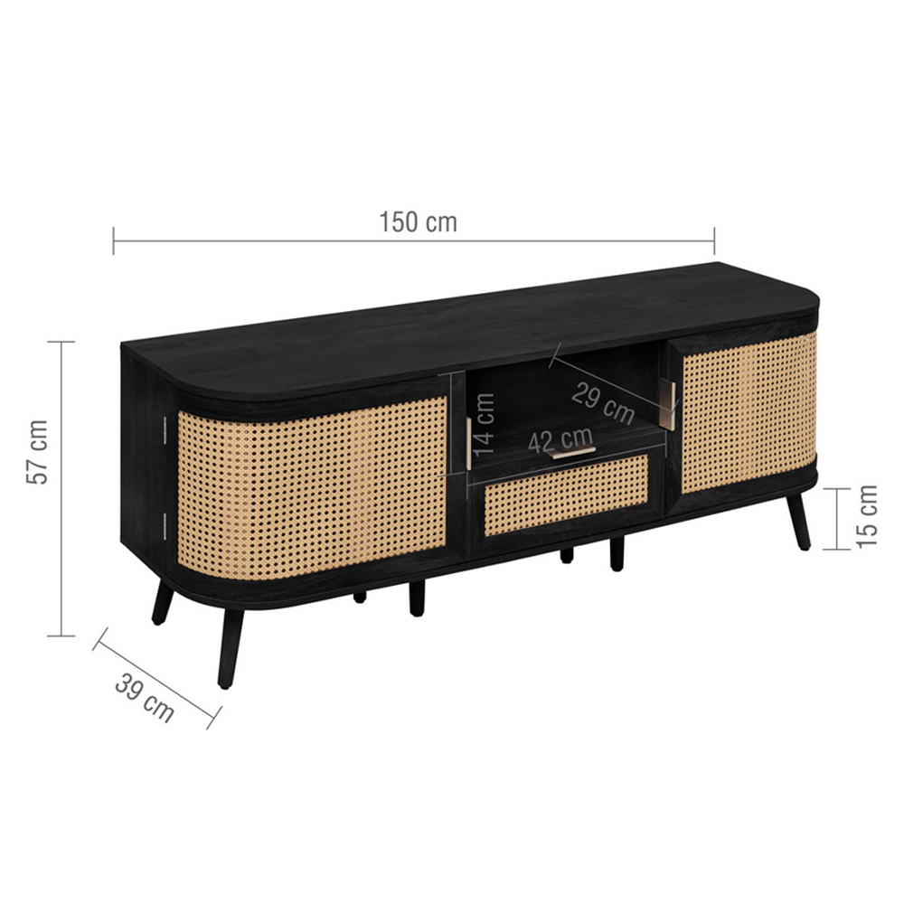 Niven Wooden TV Stand with 2 Rattan Doors 1 Drawer in Black