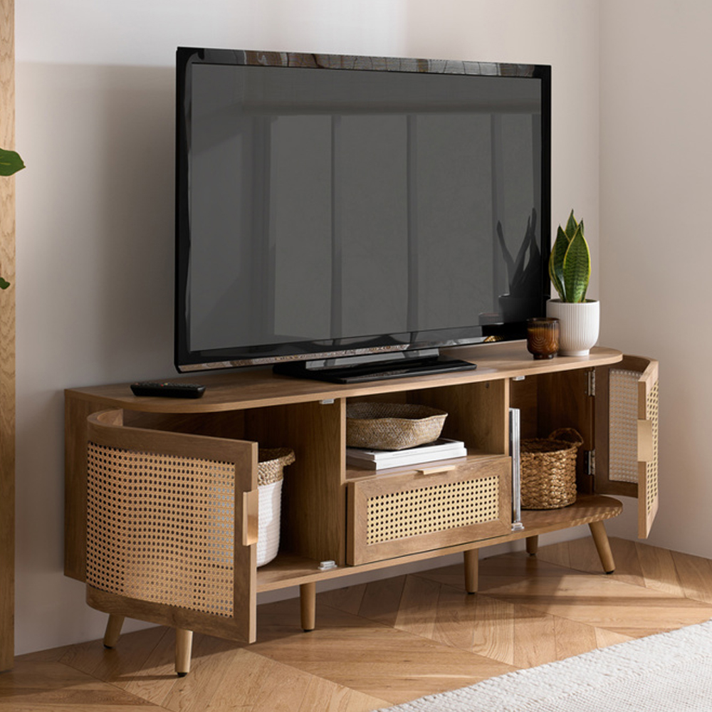 Niven Wooden TV Stand with 2 Rattan Doors 1 Drawer in Oak