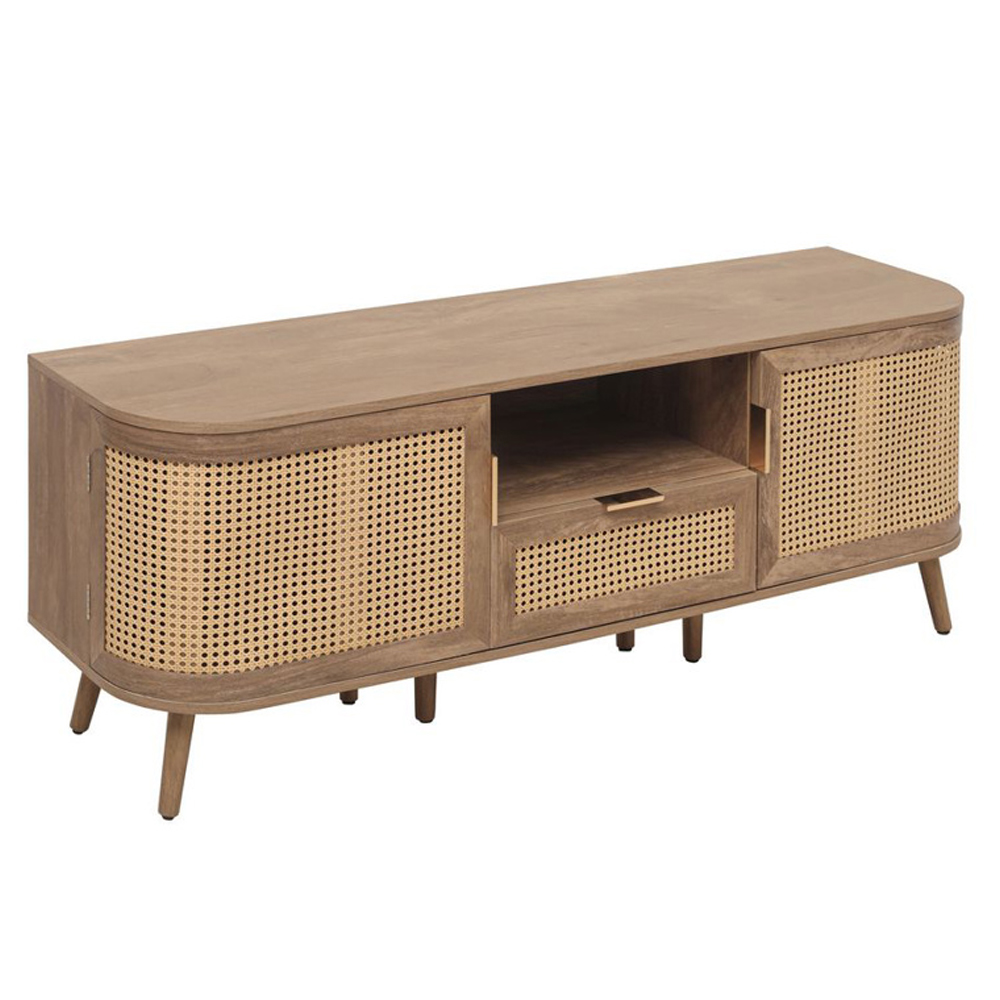 Niven Wooden TV Stand with 2 Rattan Doors 1 Drawer in Oak