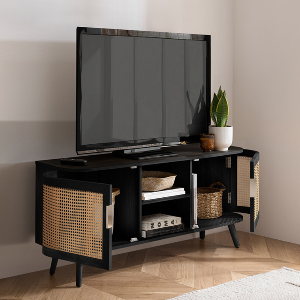 Niven Wooden TV Stand with 2 Rattan Doors in Black
