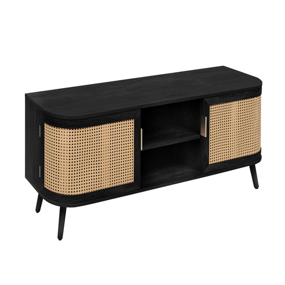 Niven Wooden TV Stand with 2 Rattan Doors in Black
