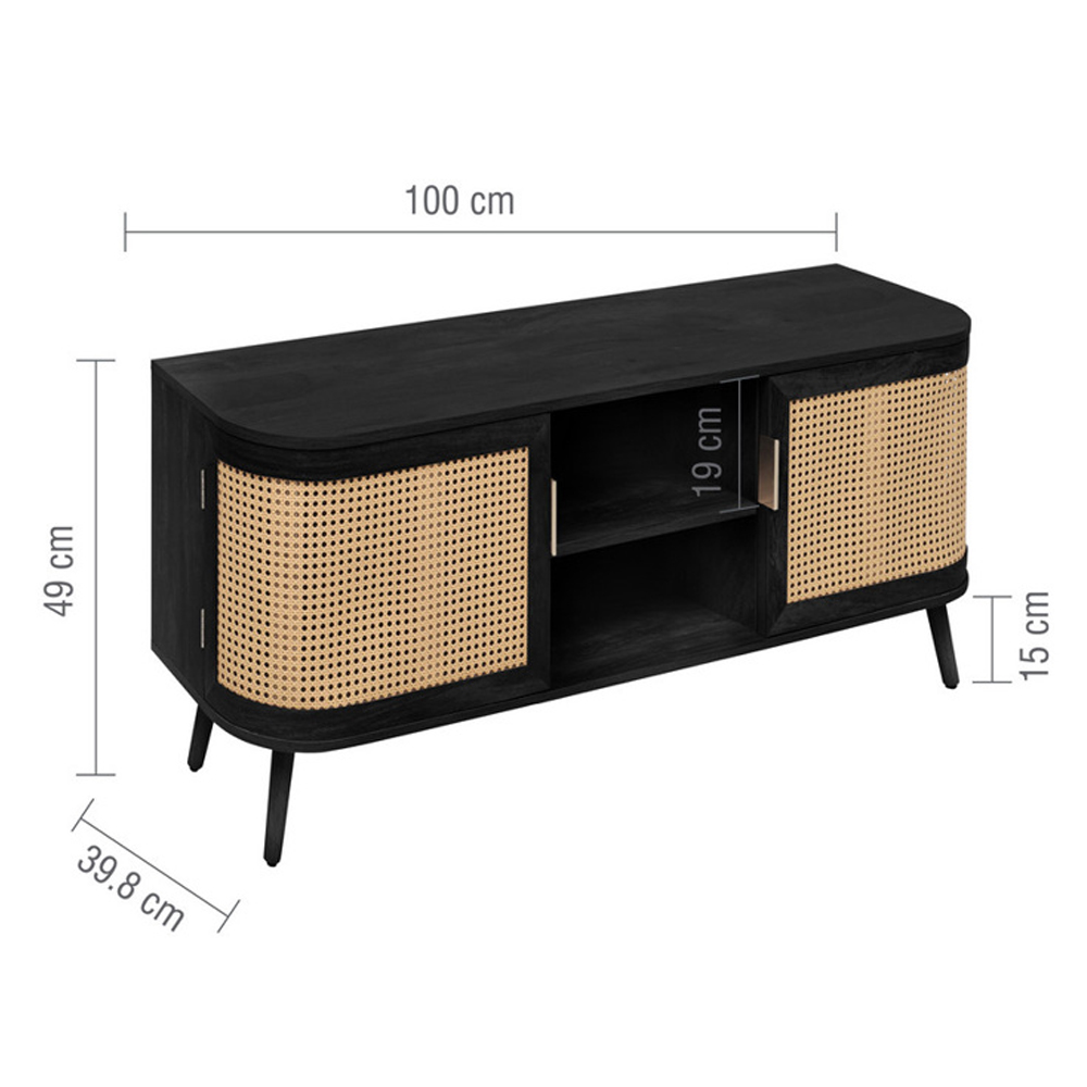 Niven Wooden TV Stand with 2 Rattan Doors in Black