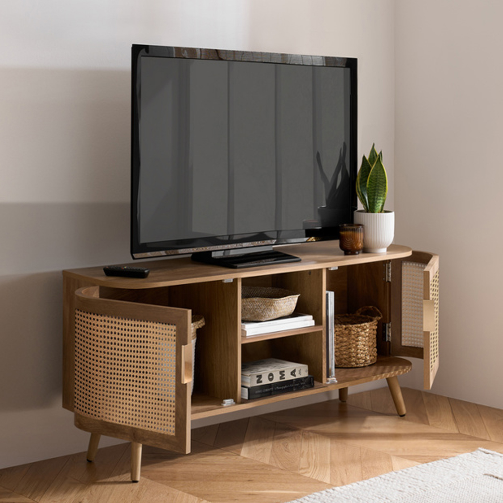 Niven Wooden TV Stand with 2 Rattan Doors in Oak