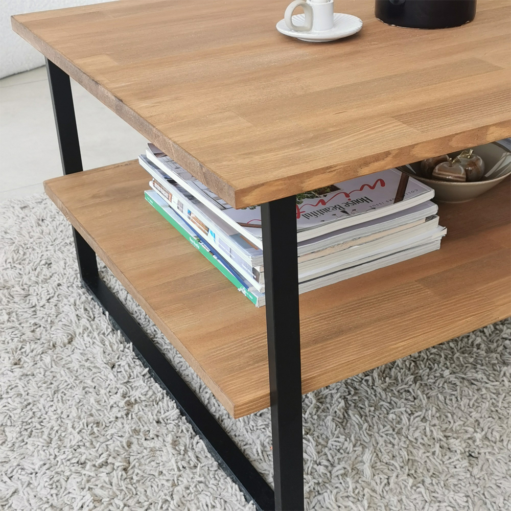 Nivora Pine Wood Coffee Table with Metal Frame in Oak