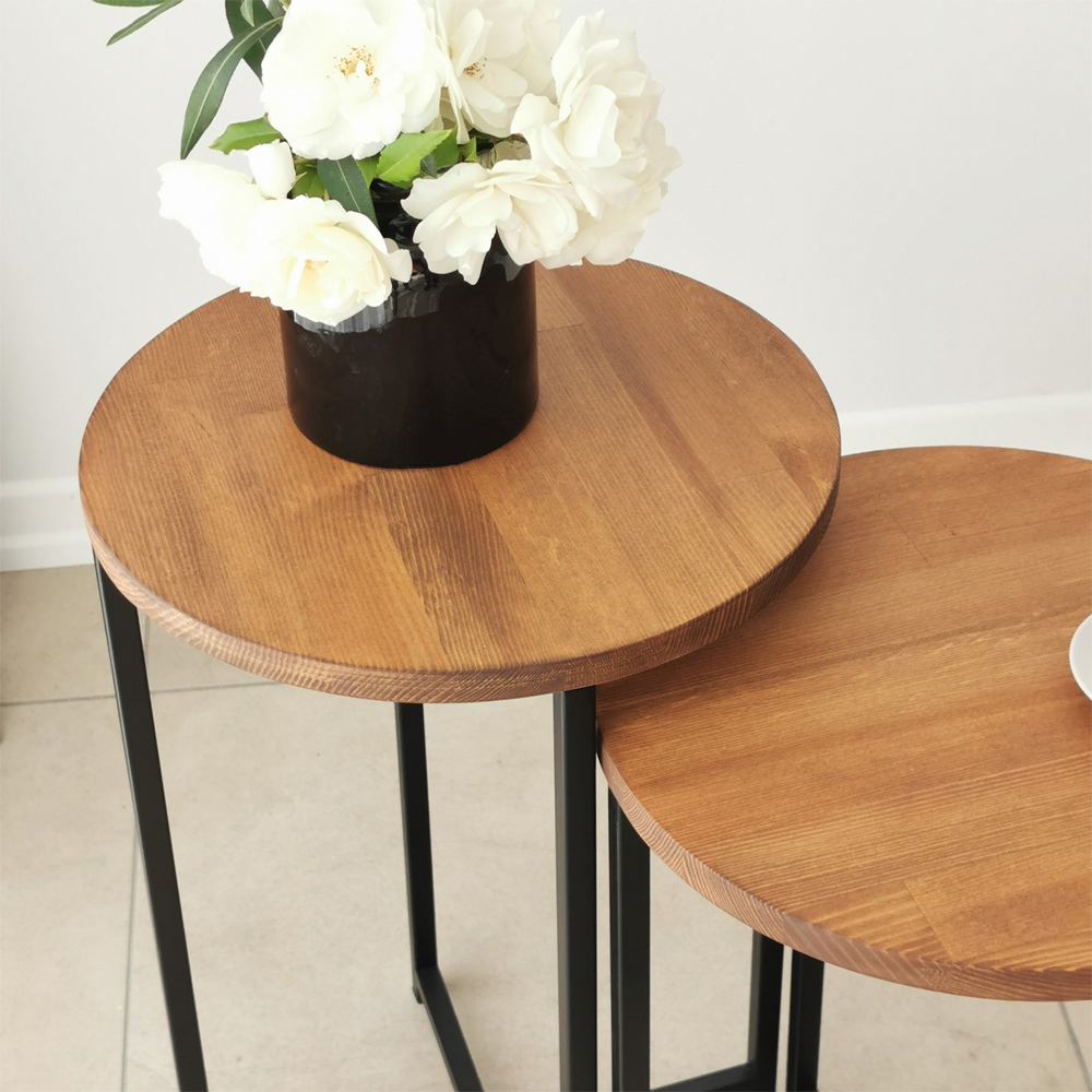 Nivora Pine Wood Nest Of 2 Side Table with Metal Frame in Oak