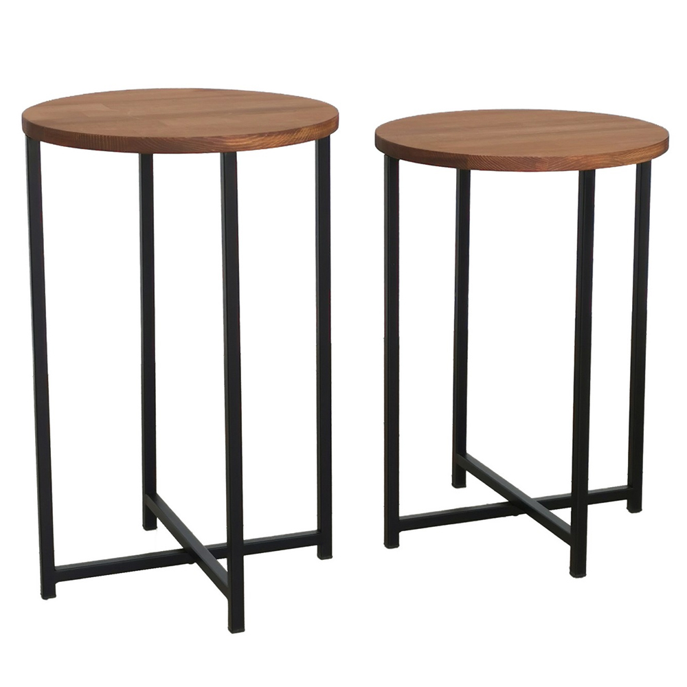 Nivora Pine Wood Nest Of 2 Side Table with Metal Frame in Oak