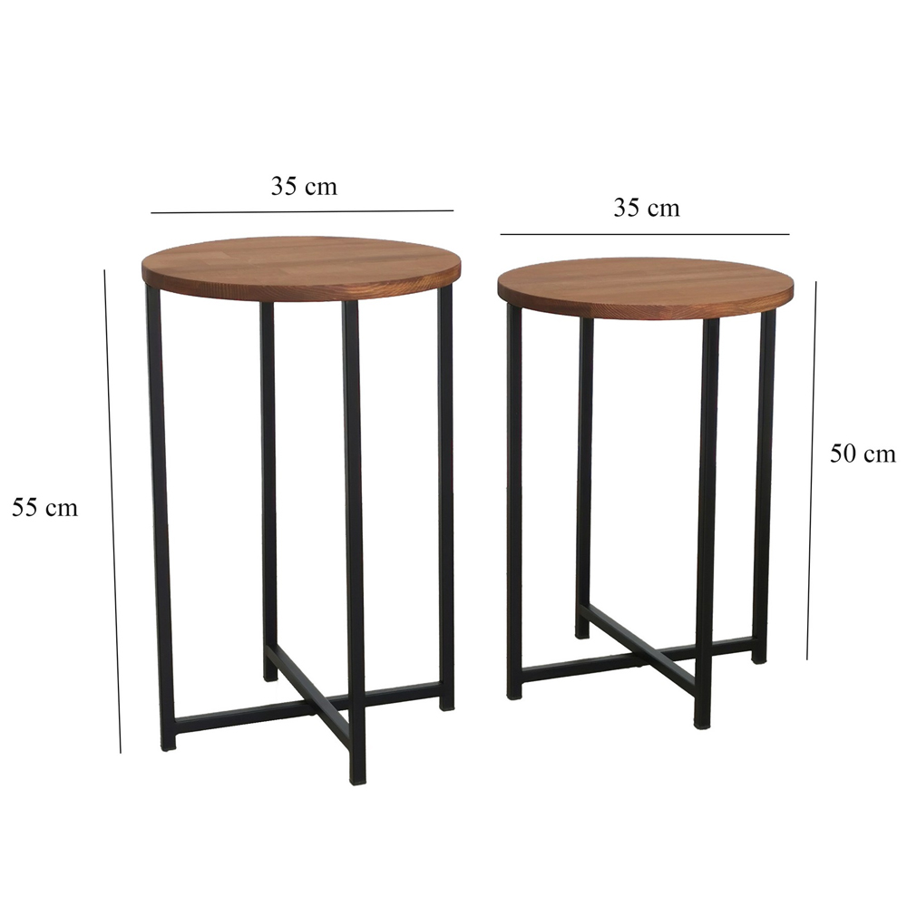 Nivora Pine Wood Nest Of 2 Side Table with Metal Frame in Oak