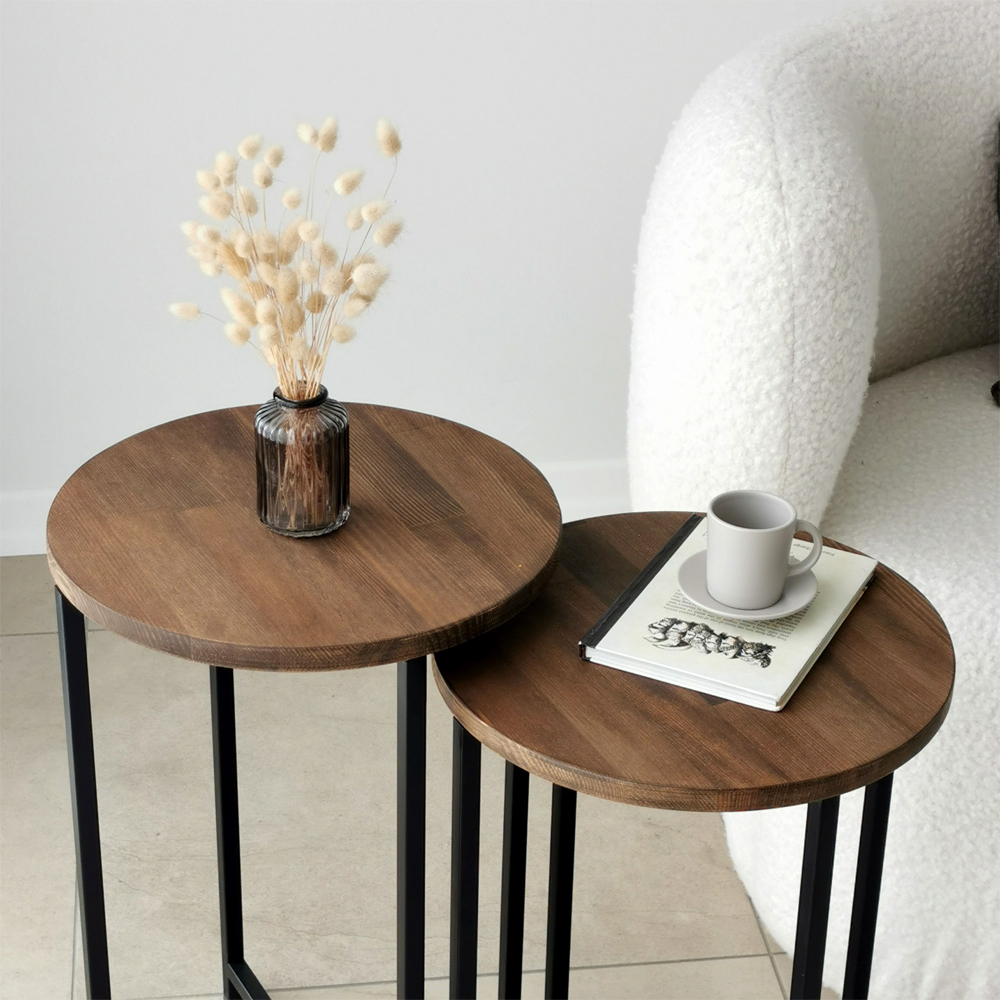 Nivora Pine Wood Nest Of 2 Side Table with Metal Frame in Walnut