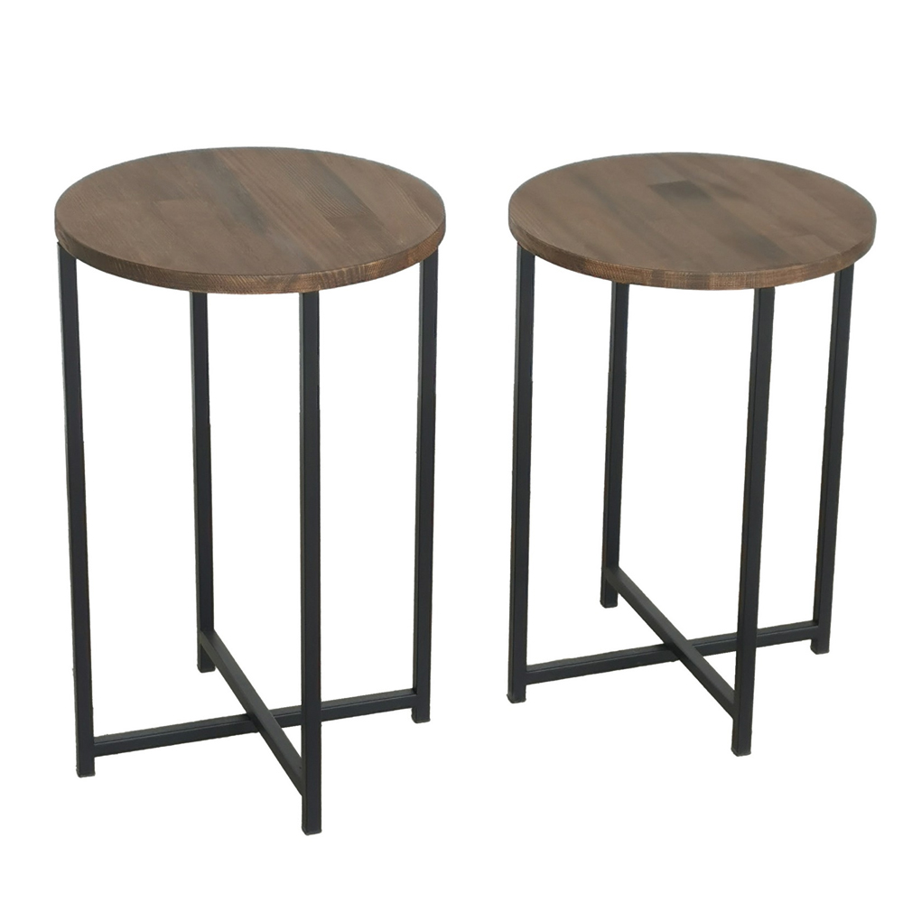 Nivora Pine Wood Nest Of 2 Side Table with Metal Frame in Walnut