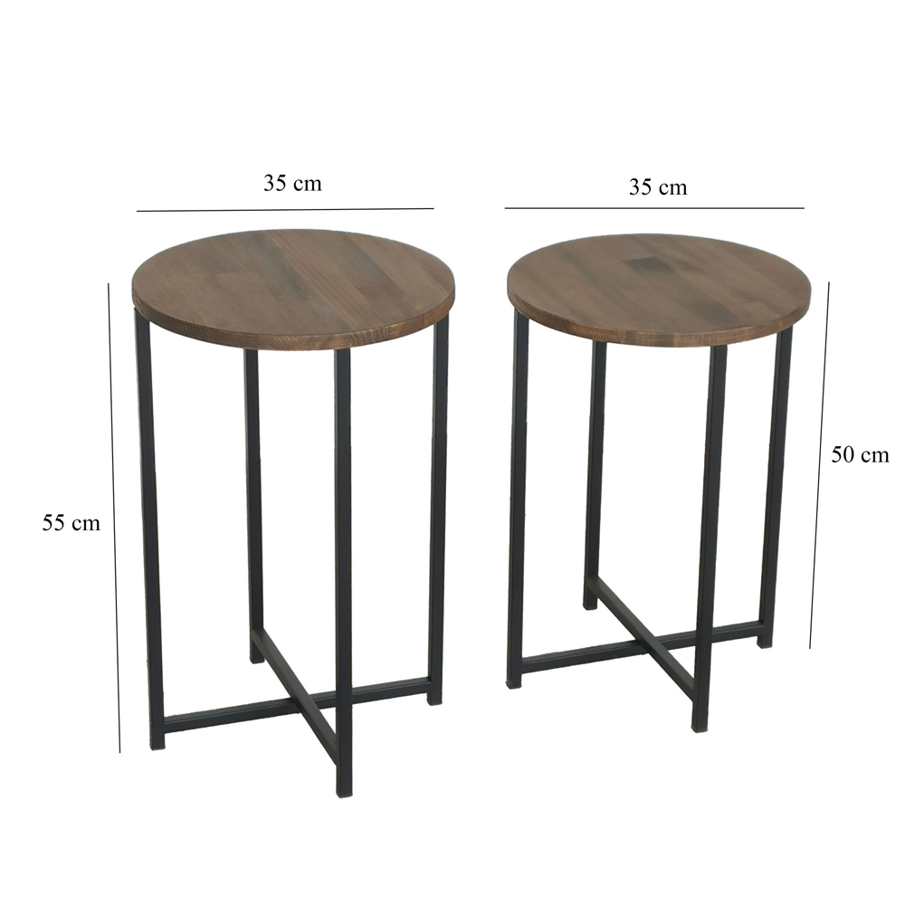 Nivora Pine Wood Nest Of 2 Side Table with Metal Frame in Walnut