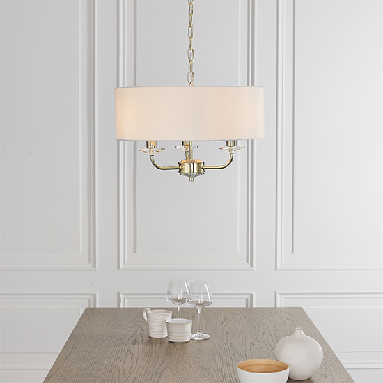 Nixon 3 Lights White Fabric Pendant Light In Brass