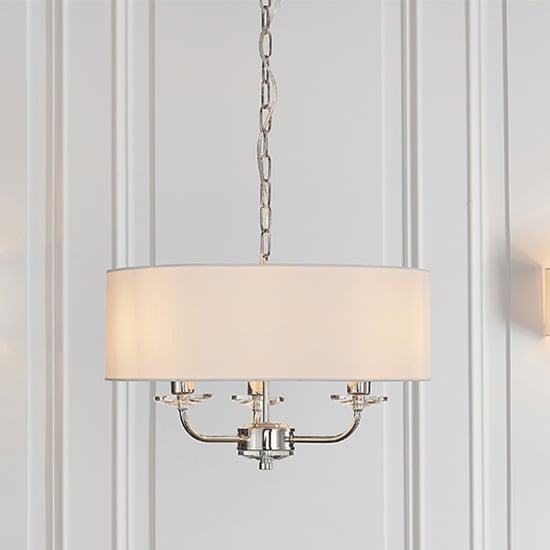 Read more about Nixon 3 lights white fabric pendant light in bright nickel