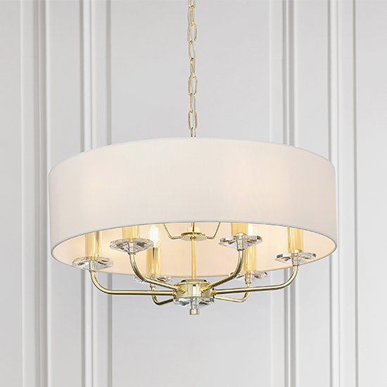 Nixon 6 Lights White Fabric Pendant Light In Brass