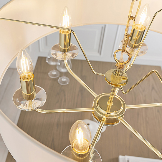 Nixon 6 Lights White Fabric Pendant Light In Brass