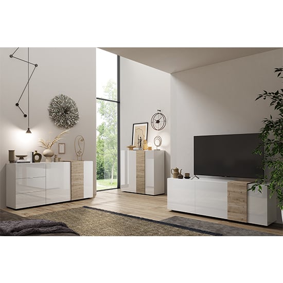 Noa High Gloss Sideboard With 2 Doors 3 Drawers In White And Oak_3