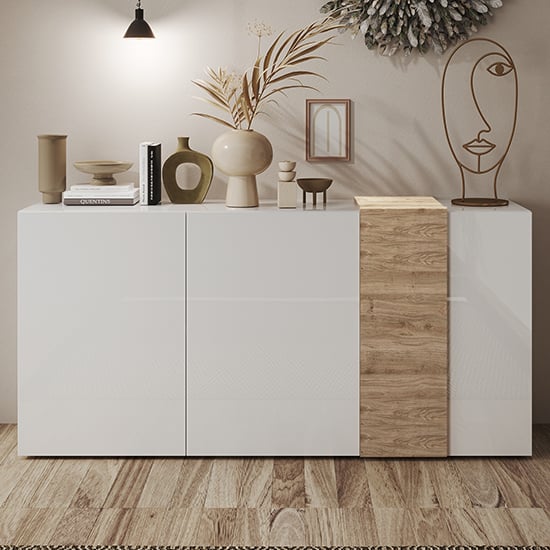 Noa High Gloss Sideboard With 3 Doors In White And Oak