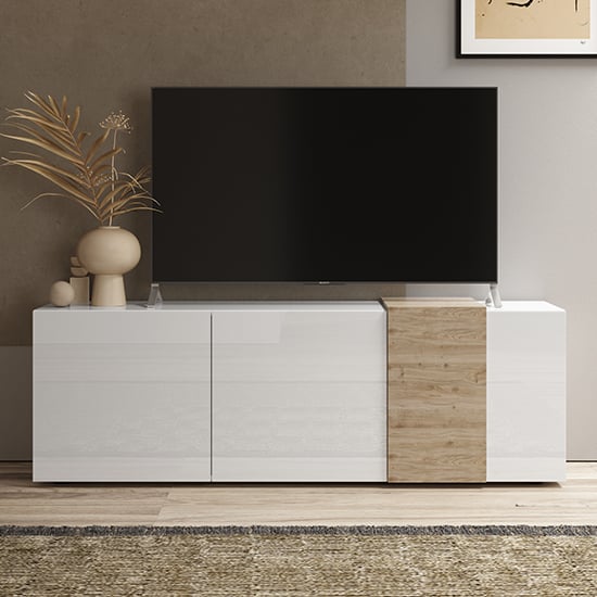 Product photograph of Noa High Gloss Tv Stand With 3 Doors In White And Oak from Furniture in Fashion