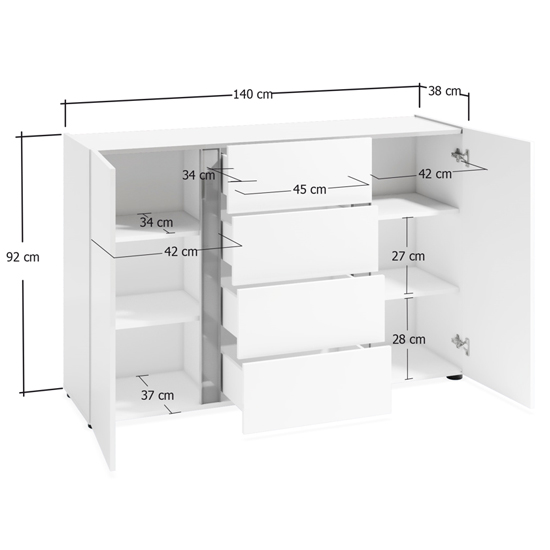 Noah High Gloss Sideboard 2 Doors 4 Drawers In White Anthracite