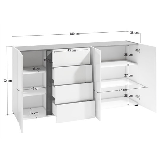 Noah High Gloss Sideboard 3 Doors 4 Drawers In White Anthracite