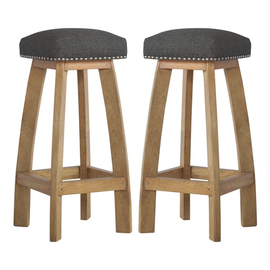 Noah Wooden Bar Stool In Oak Ish With Black Fabric Seat In Pair