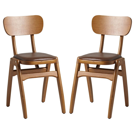 Read more about Noath oak dining chairs with brown faux leather seat in pair