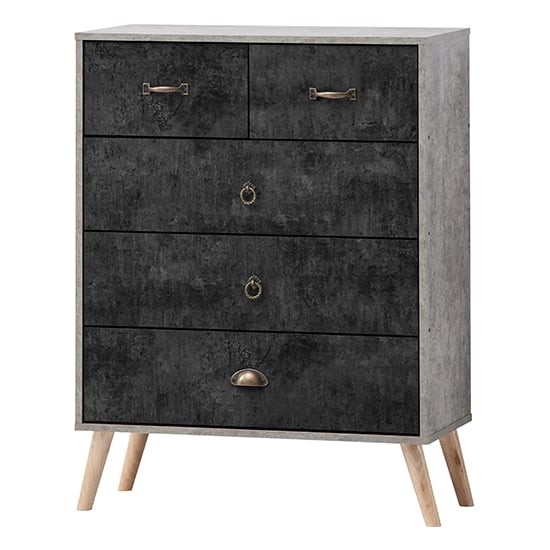 Noein Wooden Chest Of 5 Drawers In Concrete Effect And Charcoal