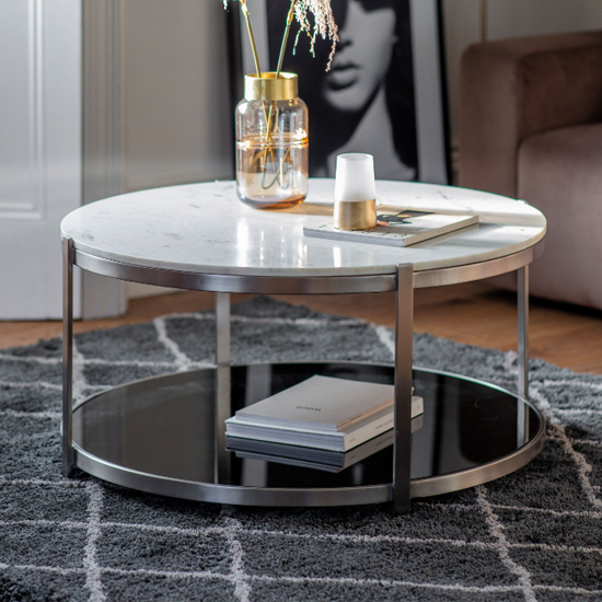 Read more about Nogales white marble top coffee table with silver metal frame