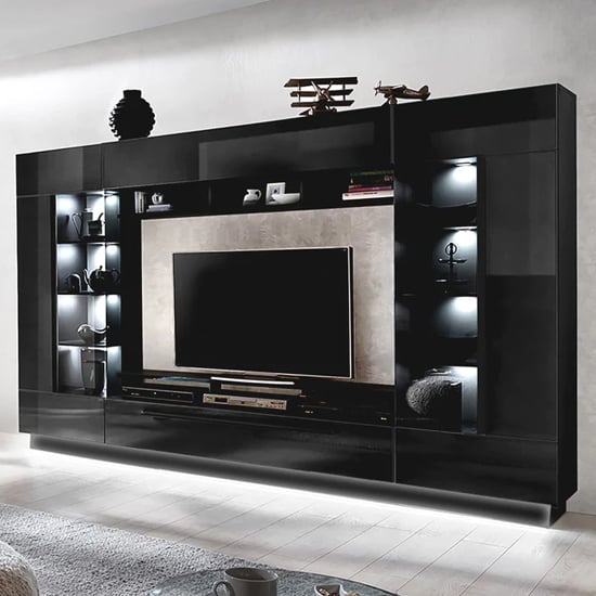 Product photograph of Norco High Gloss Entertainment Unit In Black With Led Lighting from Furniture in Fashion