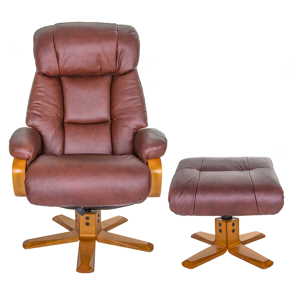 Norco Leather Recliner Chair With Stool In Chestnut