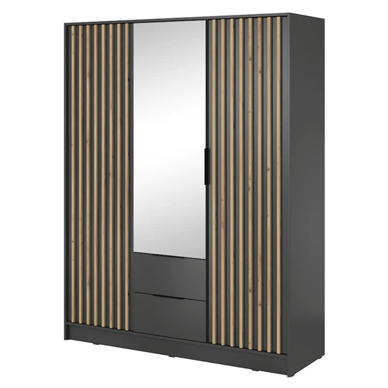 Newberry Mirrored Wardrobe With 3 Hinged Doors 155cm In Graphite
