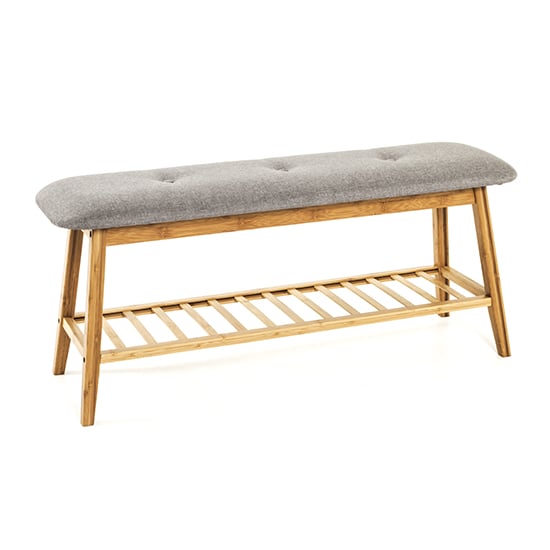 Read more about Norco wooden shoe bench in bamboo with grey fabric seat