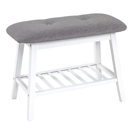 Newberry Wooden Shoe Bench In White With Grey Fabric Seat