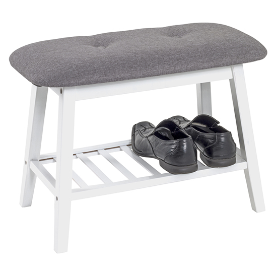 Norco Wooden Shoe Bench In White With Grey Fabric Seat