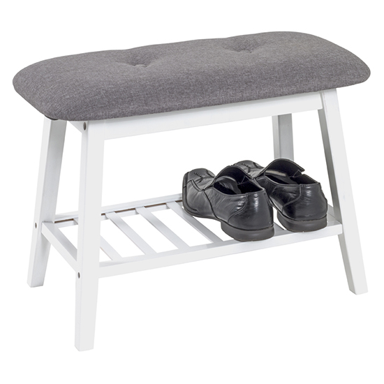 Read more about Newberry wooden shoe bench in white with grey fabric seat
