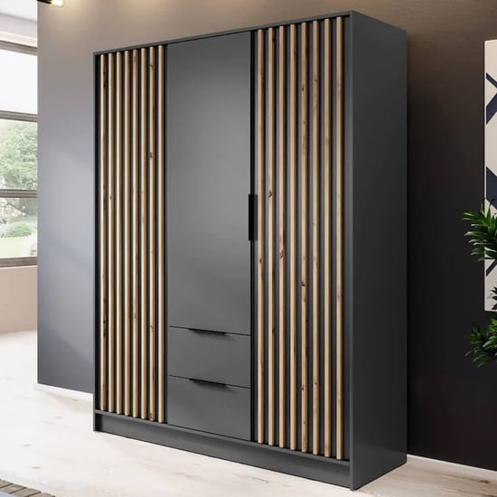 Norco Wooden Wardrobe With 3 Hinged Doors 155cm In Graphite
