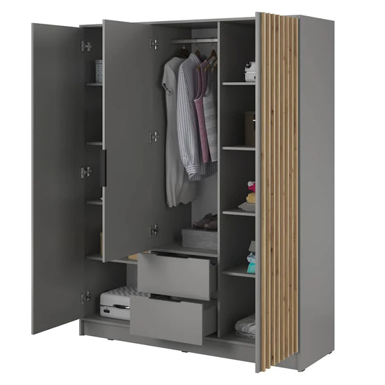 Newberry Wooden Wardrobe With 3 Hinged Doors 155cm In Grey
