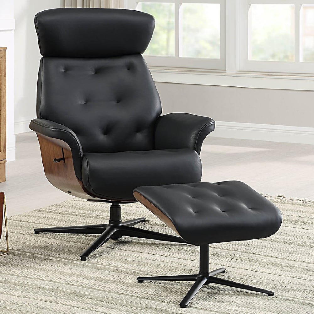 Norcross Leather Recliner Chair With Stool In Black