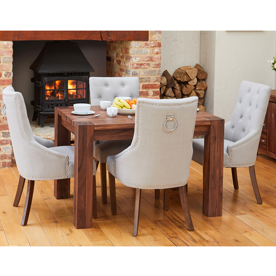 Norden Dining Table In Walnut With 4 Light Grey Harrow Chairs
