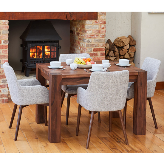 Norden Dining Table In Walnut With 4 Light Grey Harrow Chairs